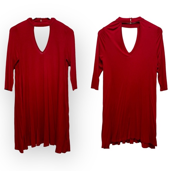 3/15 💚 Nordstrom Want & Need Red Cut Out Keyhole 3/4 Sleeve Mini Swing Dress M - Picture 8 of 8